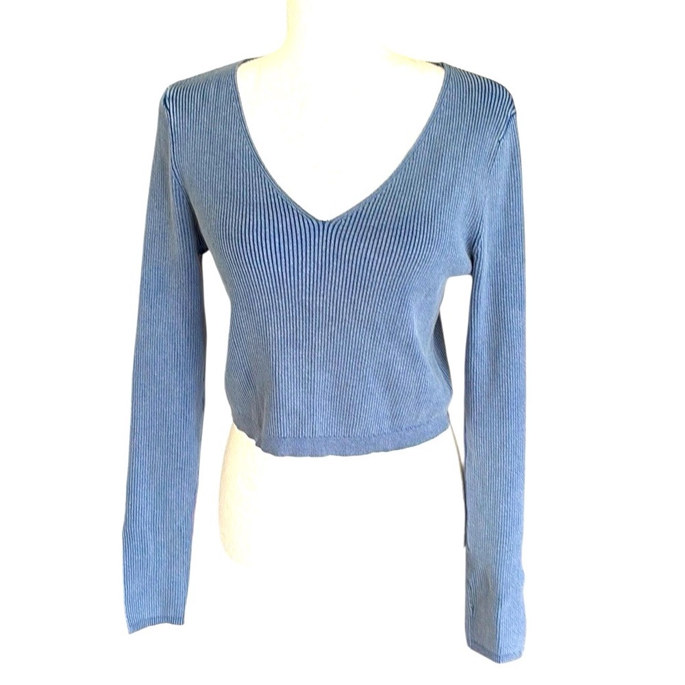 NEW House of Harlow 1960 Blue V-Neck Split Sleeve Ribbed Knit Cropped Top - M